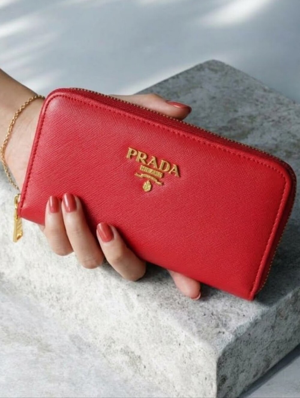 Designer Style "Prada Red Saffiano" Zip-Around Wallet with Gold Logo